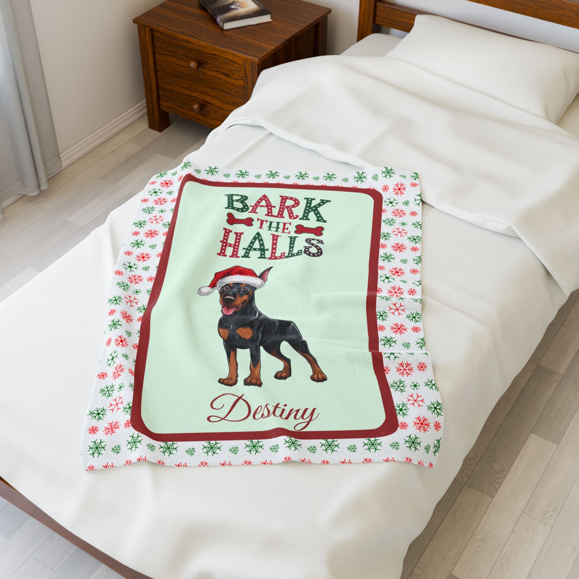 Doberman Pinscher (Black & Rust) Velveteen Blanket - cozy holiday dog throw, personalized gift for Doberman lovers
