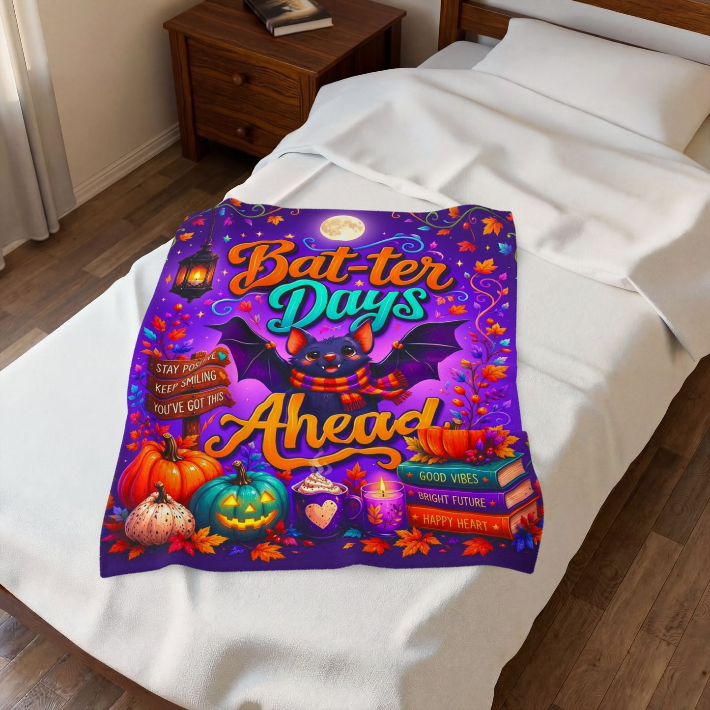 Bat-ter Days Ahead Velveteen Blanket - Bat with Stay Positive You've Got This Sign and Good Vibes Books