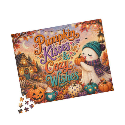 Pumpkin Kisses & Cozy Wishes Halloween Puzzle - Beanie Ghost with Pumpkins, Heart Mug, and Fall Leaves