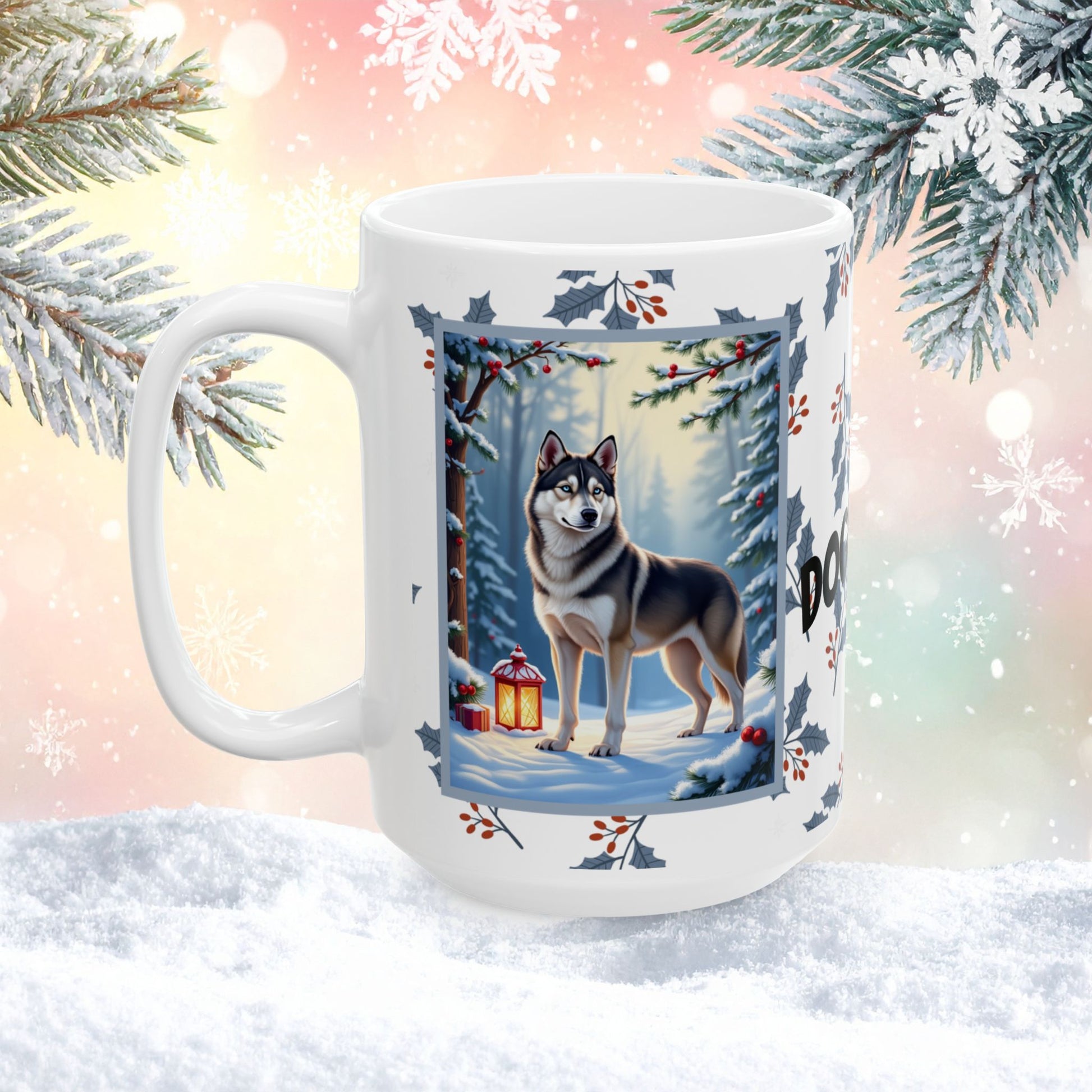 Husky (Wolf Grey) Winter Mug - wolf grey husky artwork standing in a winter setting with pine branches