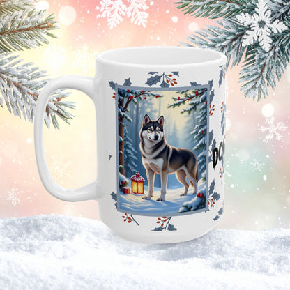 Husky (Wolf Grey) Winter Mug - wolf grey husky artwork standing in a winter setting with pine branches