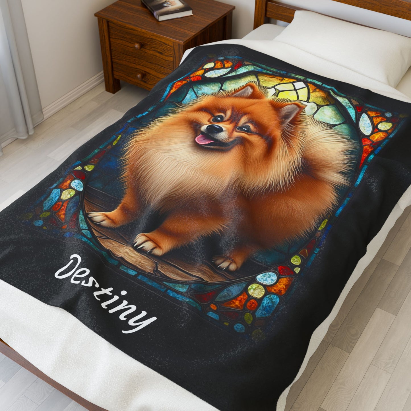 Pomeranian Red Sable stained glass velveteen plush blanket, custom dog blanket - MySisterIsASurvivor