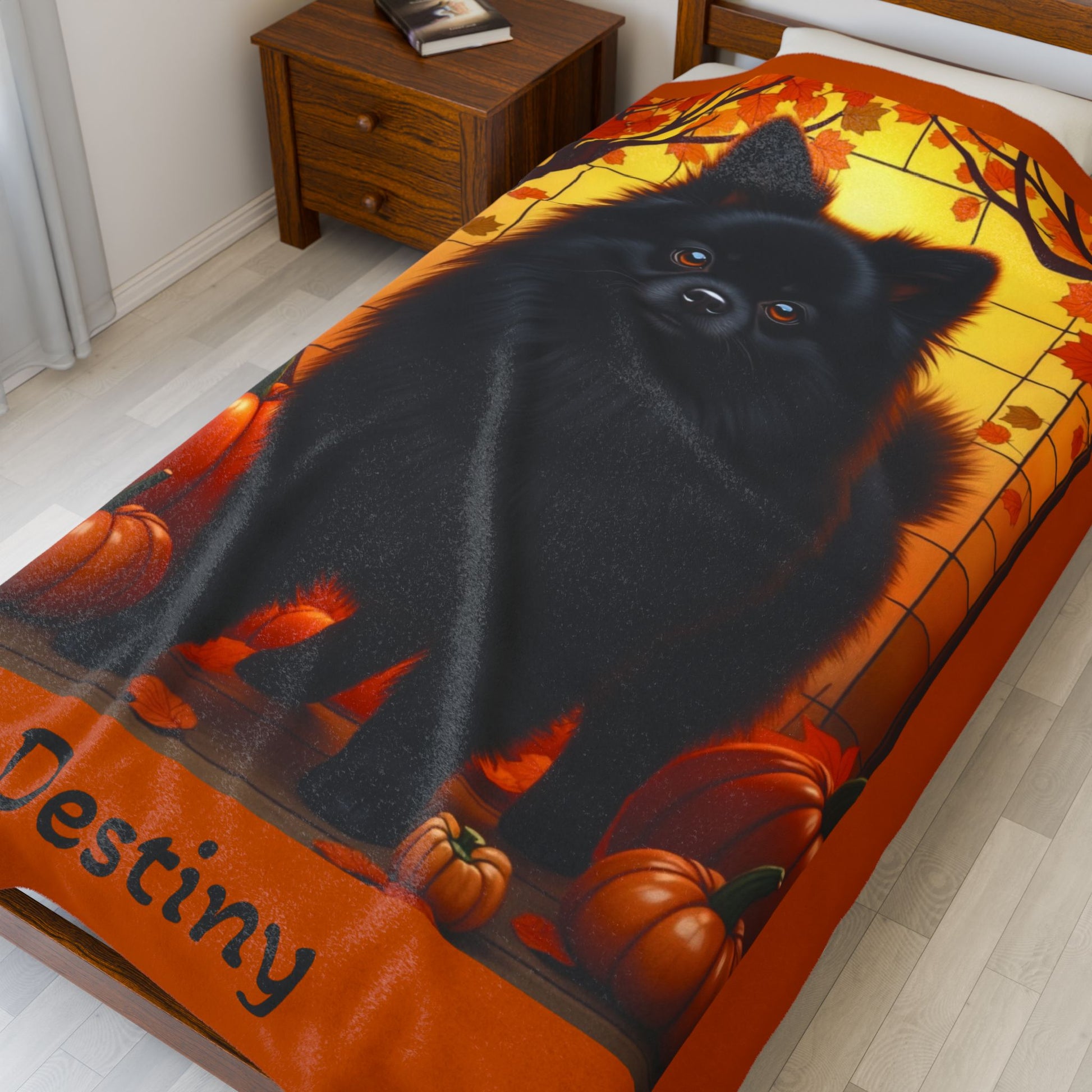 Pomeranian Black Coat Velveteen Plush Blanket, Cozy Dog Breed Throw Gift, Personalized