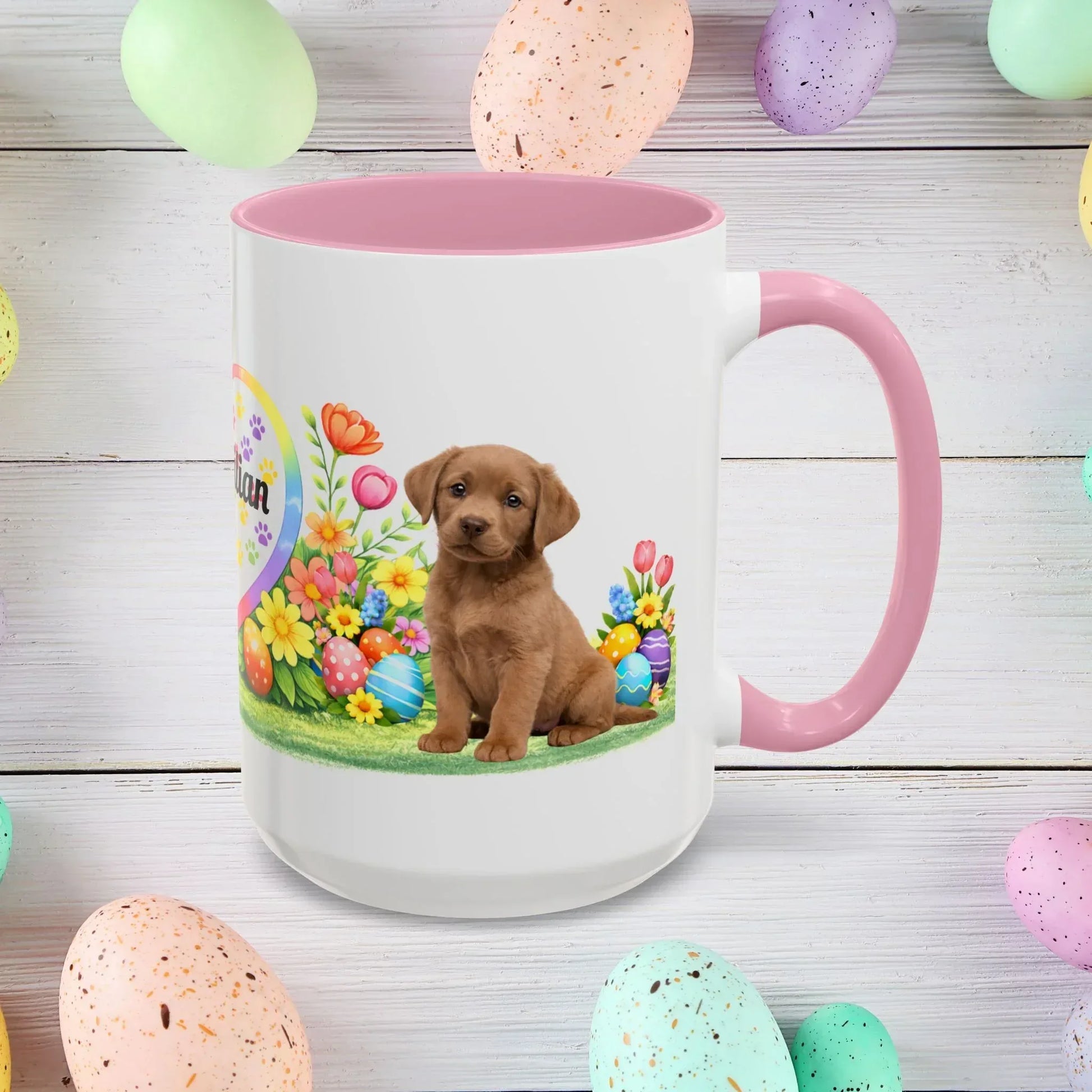 Shop our labrador retriever chocolate light puppy easter mug featuring the 15oz style option from MySisterIsASurvivor.