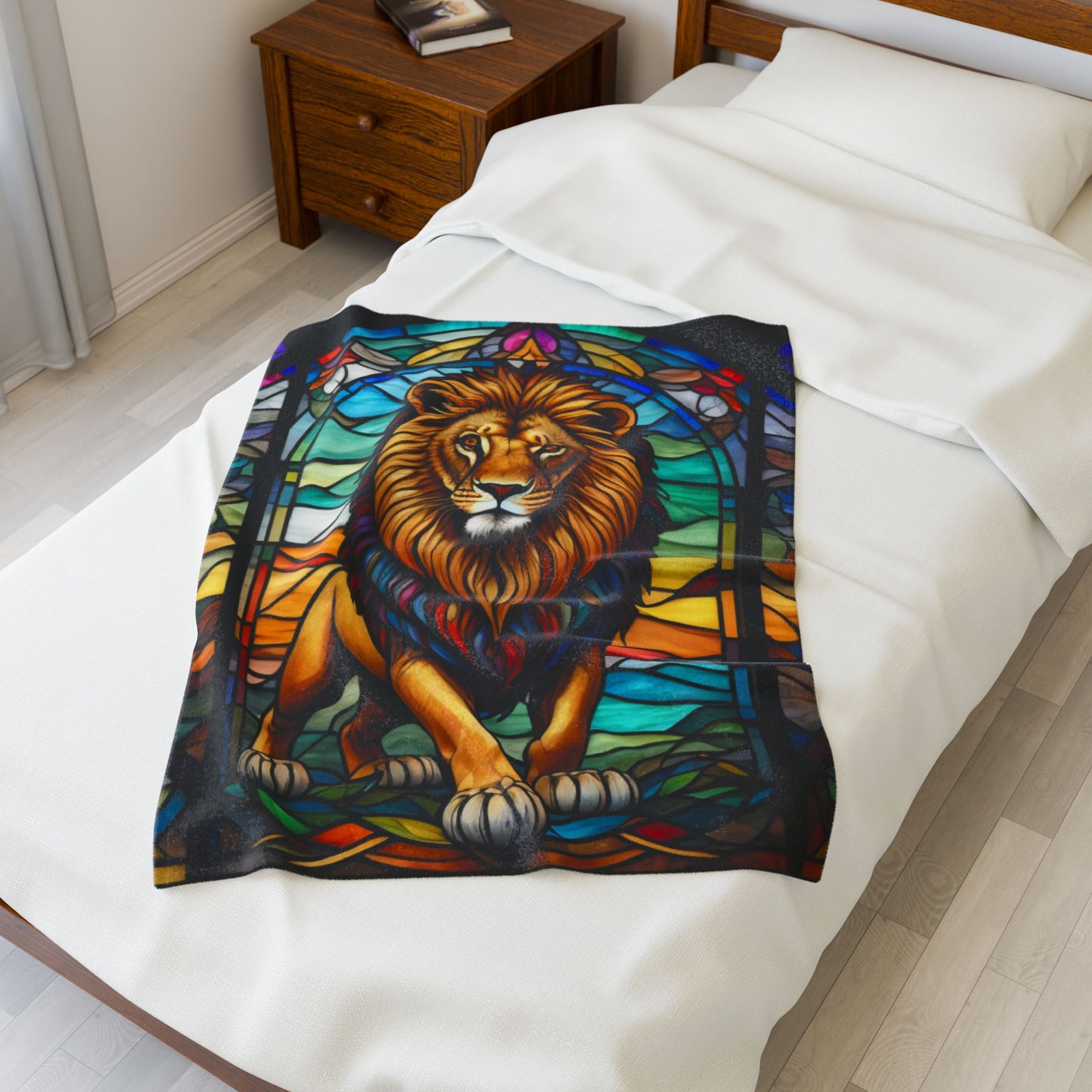 A bold lion blanket in stained glass design, combining wildlife strength with soft serenity.
