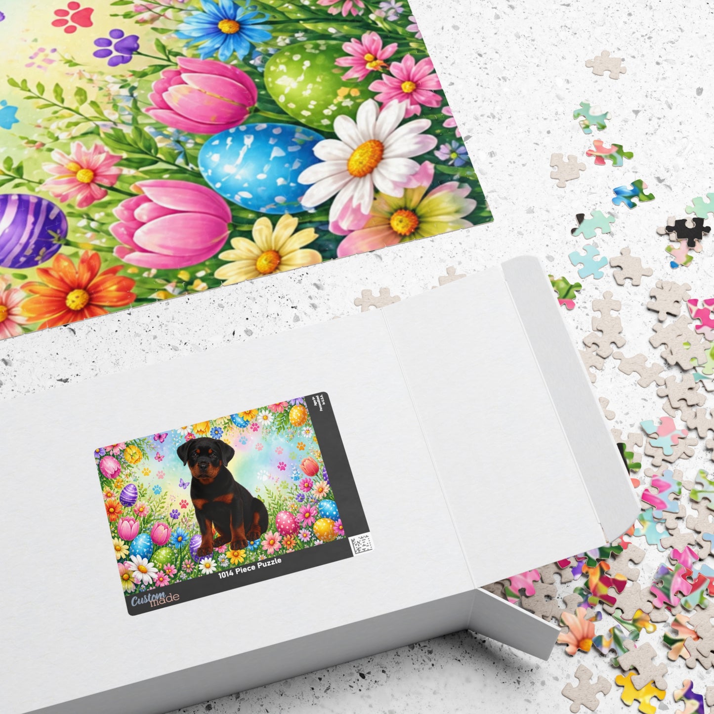 Rottweiler (Black & Mahogany) Easter Puppy Puzzle - Spring Garden with Eggs and Wildflowers