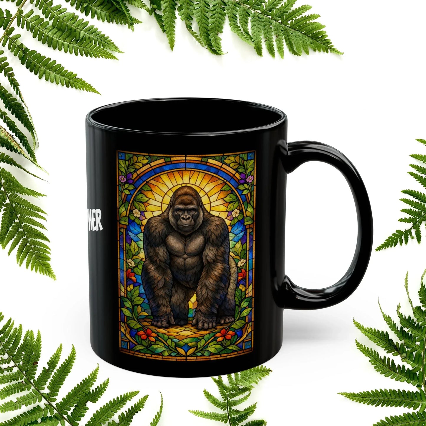 Shop our premium gorilla stained glass style black mug from MySisterIsASurvivor.