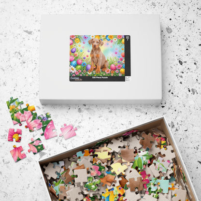 Doberman (Fawn/Isabella & Rust) Easter Puppy Puzzle - Spring Garden with Eggs, Tulips, and Daisies