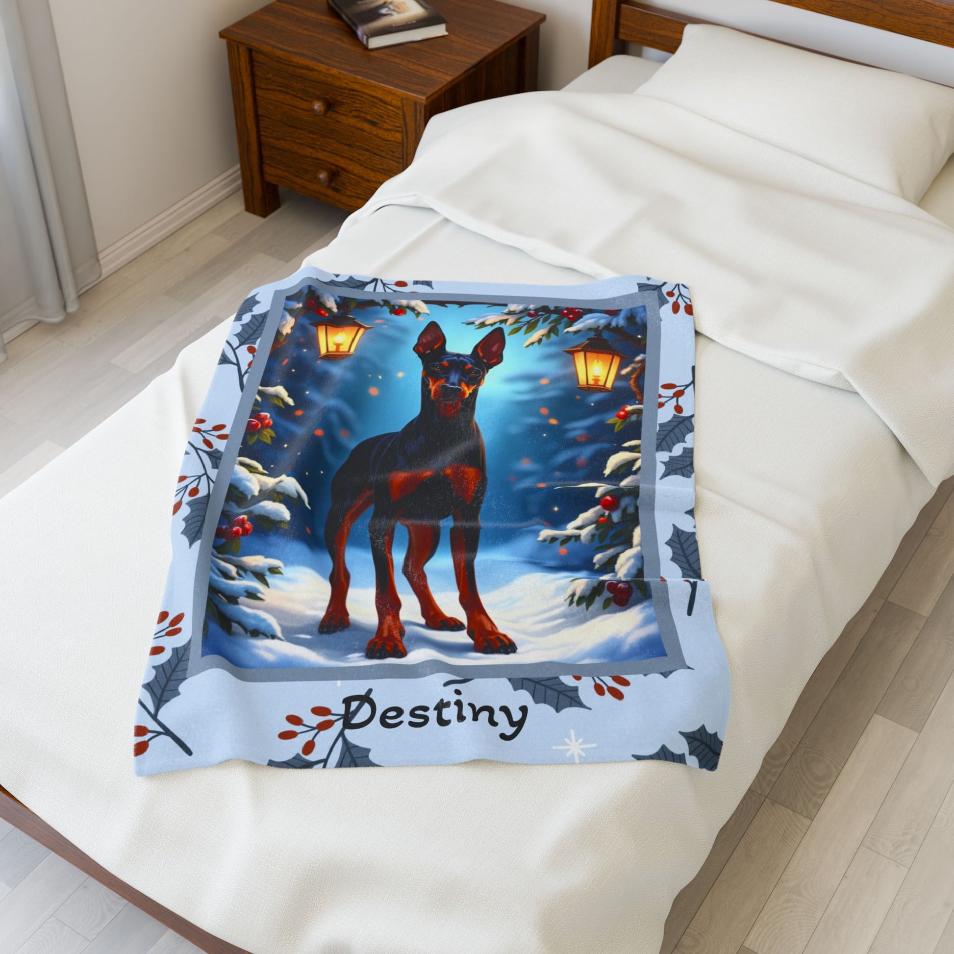 Doberman Black and Rust custom winter blanket featuring a sleek Doberman illustration in a cozy lodge-style winter scene