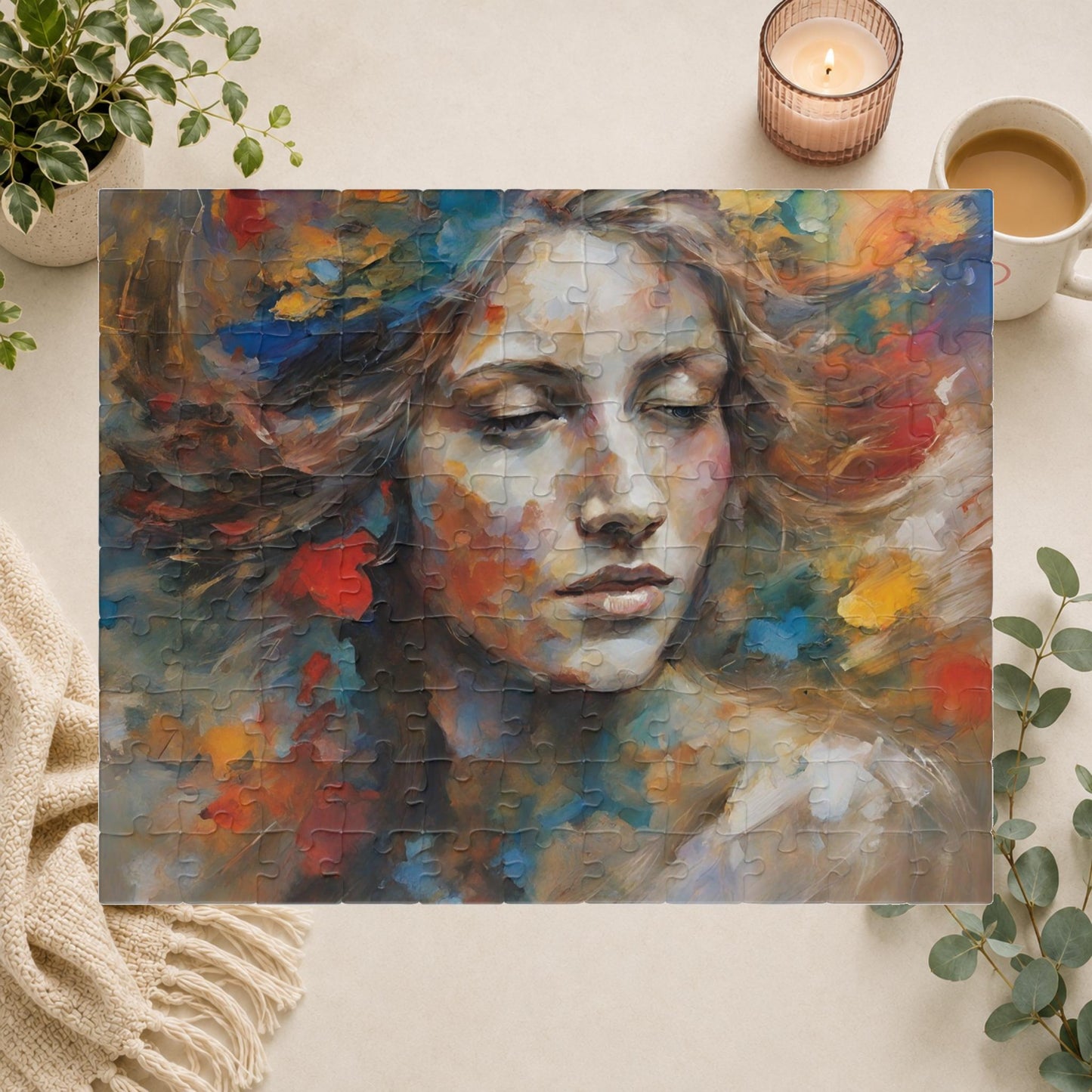 Express Emotions - Impressionist Woman's Portrait Puzzle with Colorful Paint Blooms in Flowing Hair