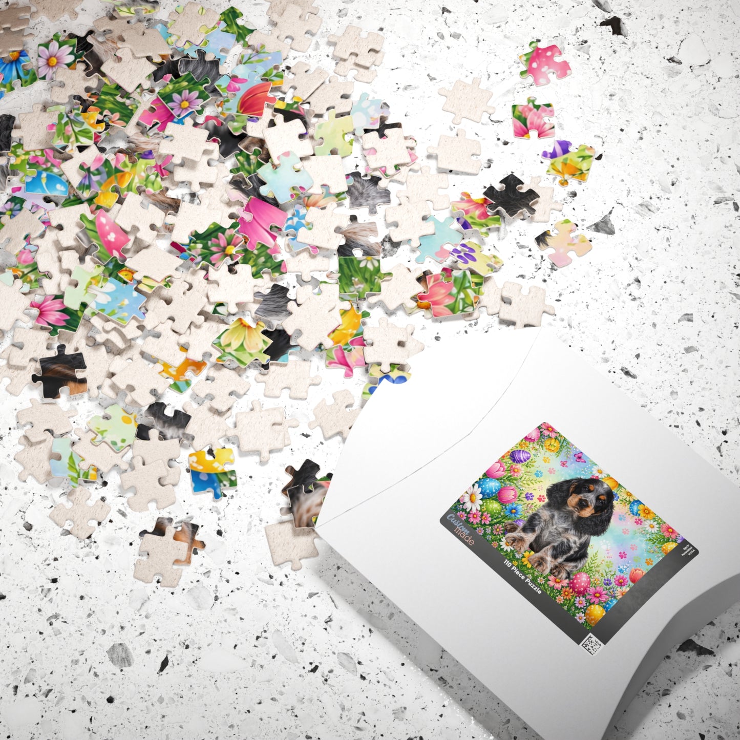 American Cocker Spaniel (Blue Roan) Easter Puppy Puzzle - Spring Garden with Eggs, Tulips, and Daisies