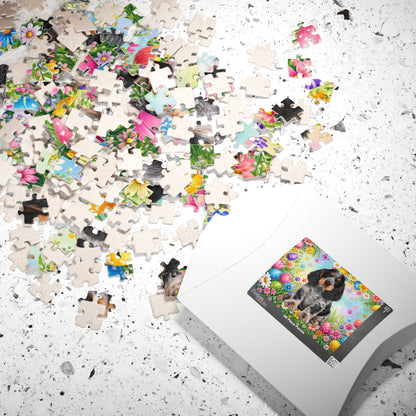 American Cocker Spaniel (Blue Roan) Easter Puppy Puzzle - Spring Garden with Eggs, Tulips, and Daisies