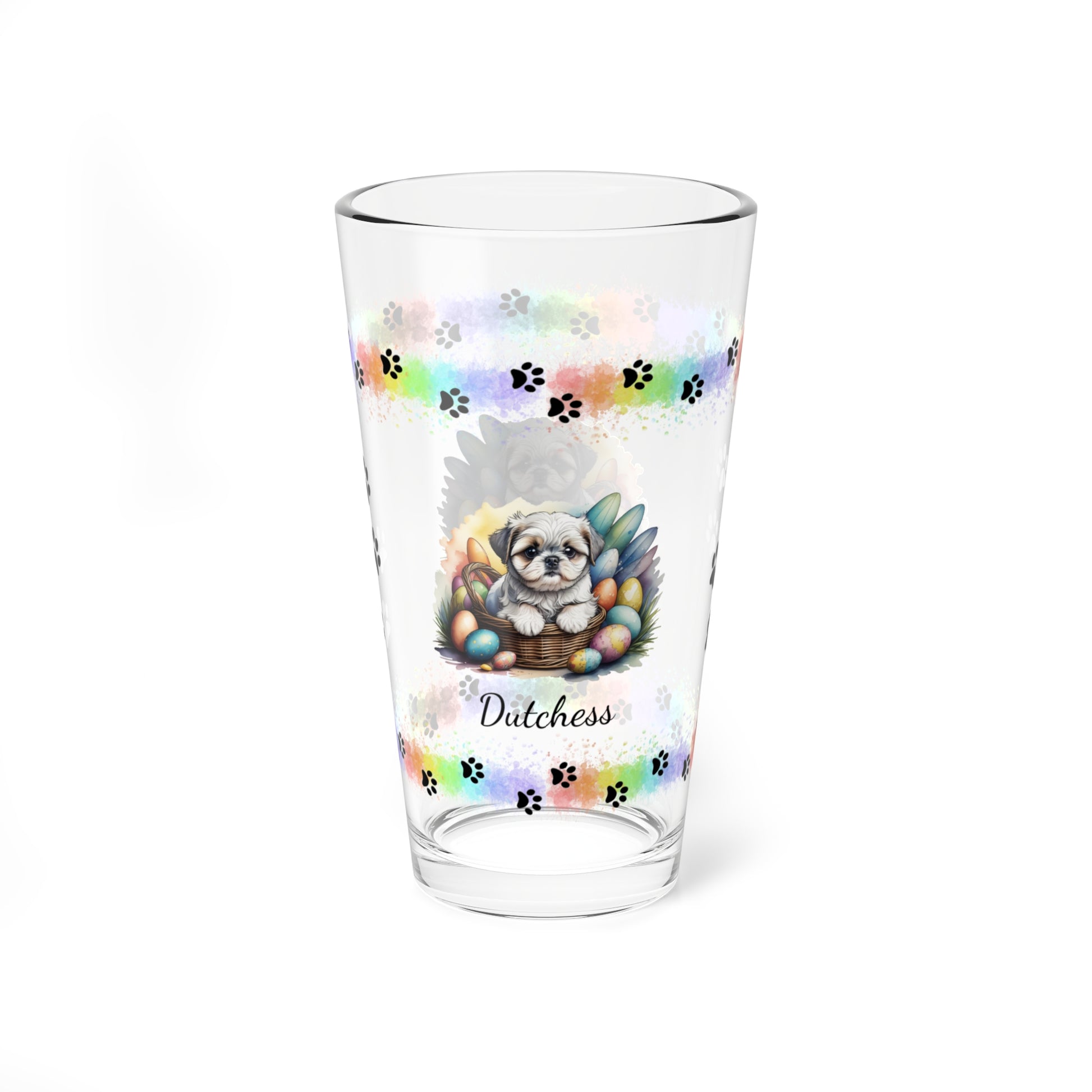 Shih Tzu (Silver & White) Personalized Easter Puppy 16oz Pint Glass - Custom Dog Design, Mental Health Gift, Easter Décor, and Festive Celebrations