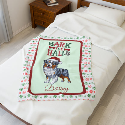 Blue Merle Australian Shepherd personalized velveteen blanket, cozy bark the halls dog throw