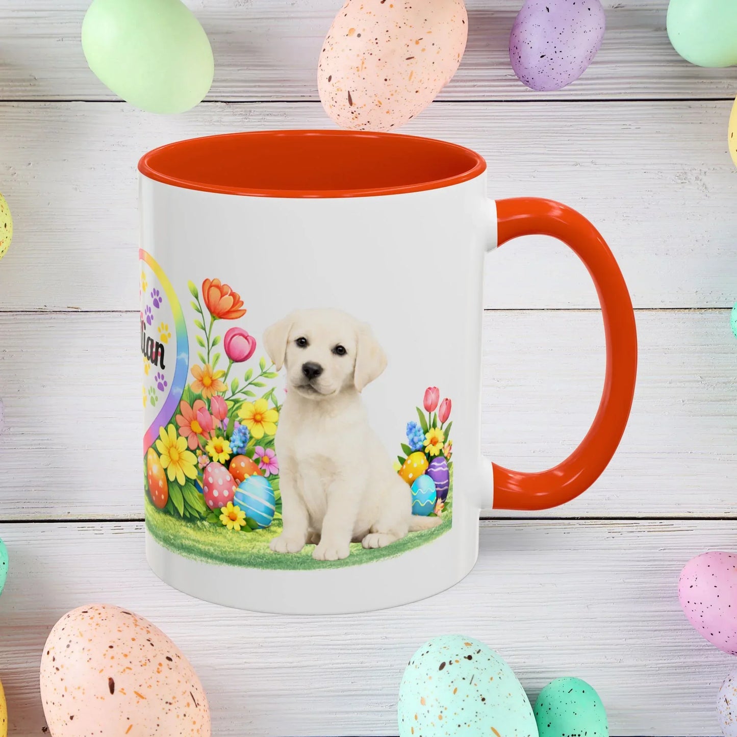 Shop our labrador retriever yellow creamy white puppy easter mug featuring the 11oz style option from MySisterIsASurvivor.