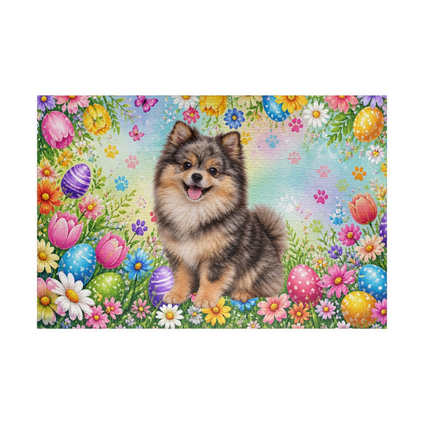 Pomeranian (Chocolate Merle) Easter Puppy Puzzle - Spring Garden with Eggs, Tulips, and Daisies