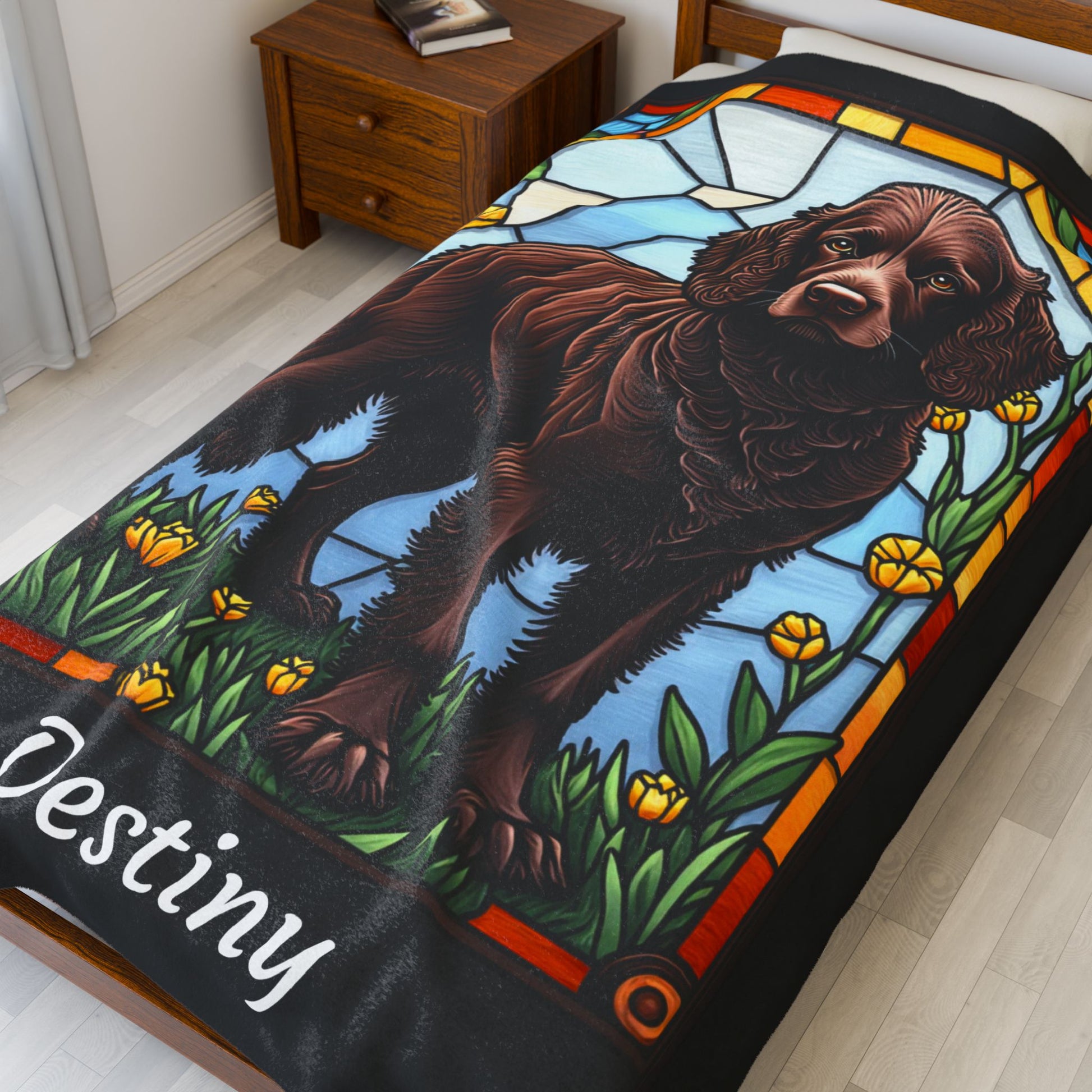American Water Spaniel velveteen blanket, custom dog throw, personalized stained glass pet gift - MySisterIsASurvivor