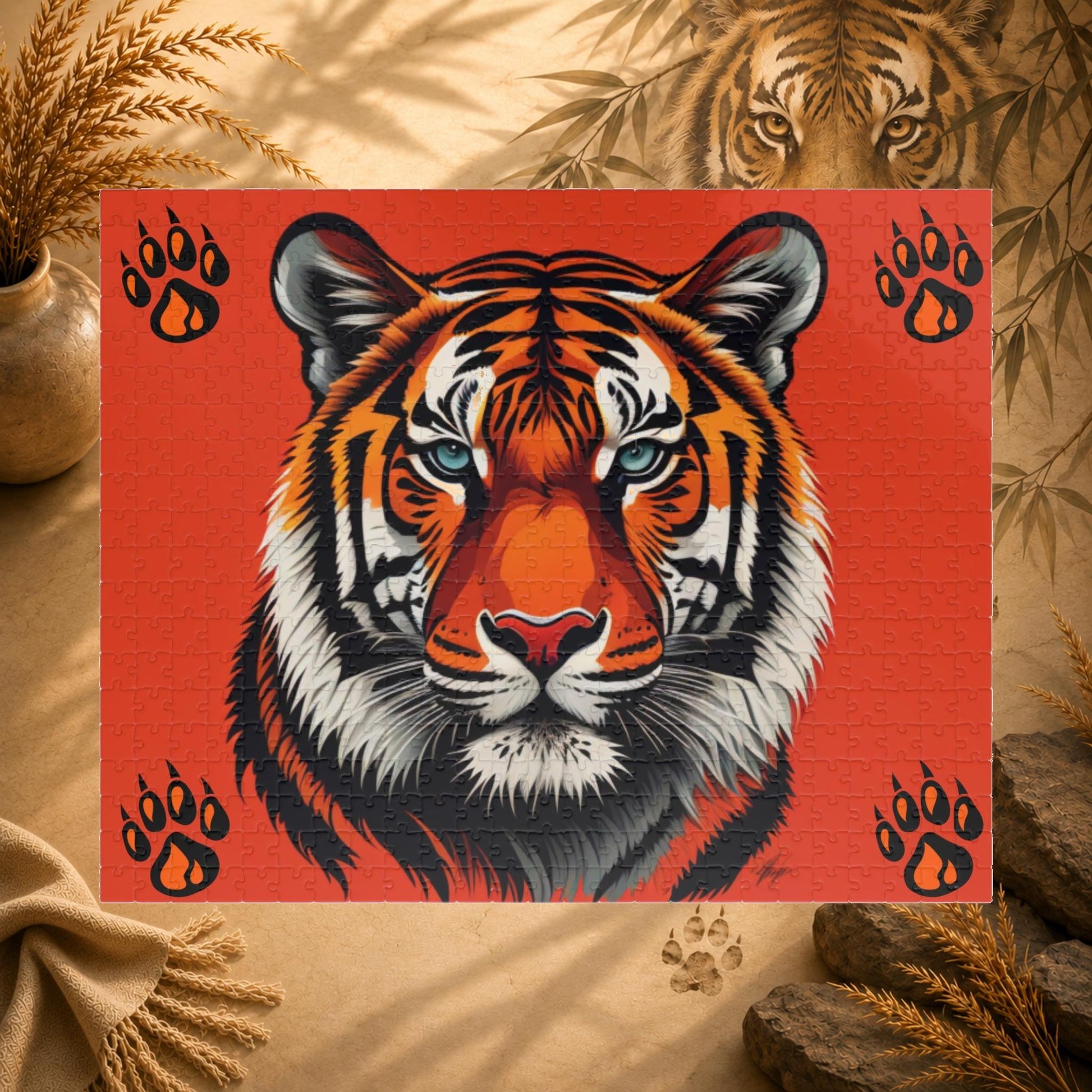 Tiger portrait on a red background with paw prints