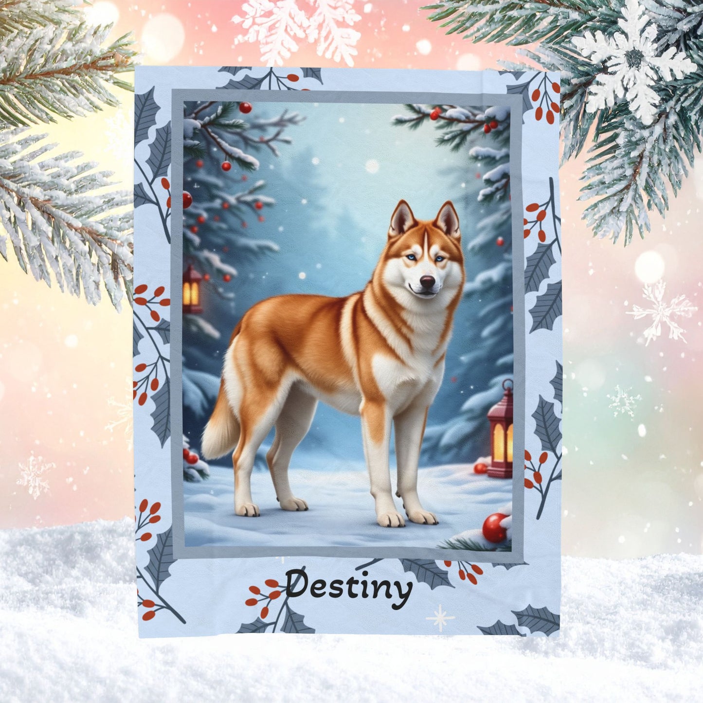 Husky Sable and White custom winter blanket featuring a Husky in a crisp illustrated lodge-style winter scene