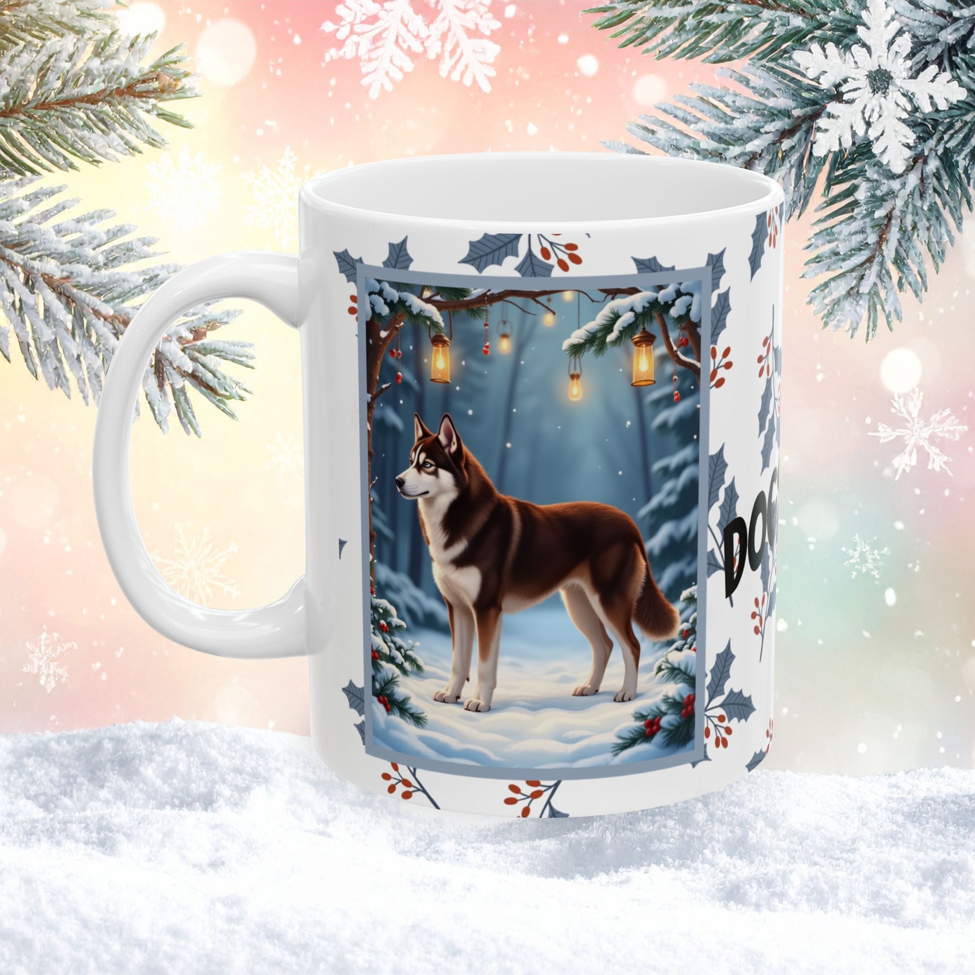 Husky (Chocolate Red) Winter Mug - chocolate red husky artwork standing in a festive winter setting with snow