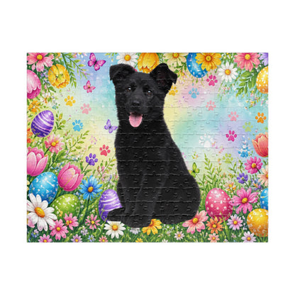 German Shepherd (Black) Easter Puppy Puzzle - Bold Spring Garden with Eggs and Blooms
