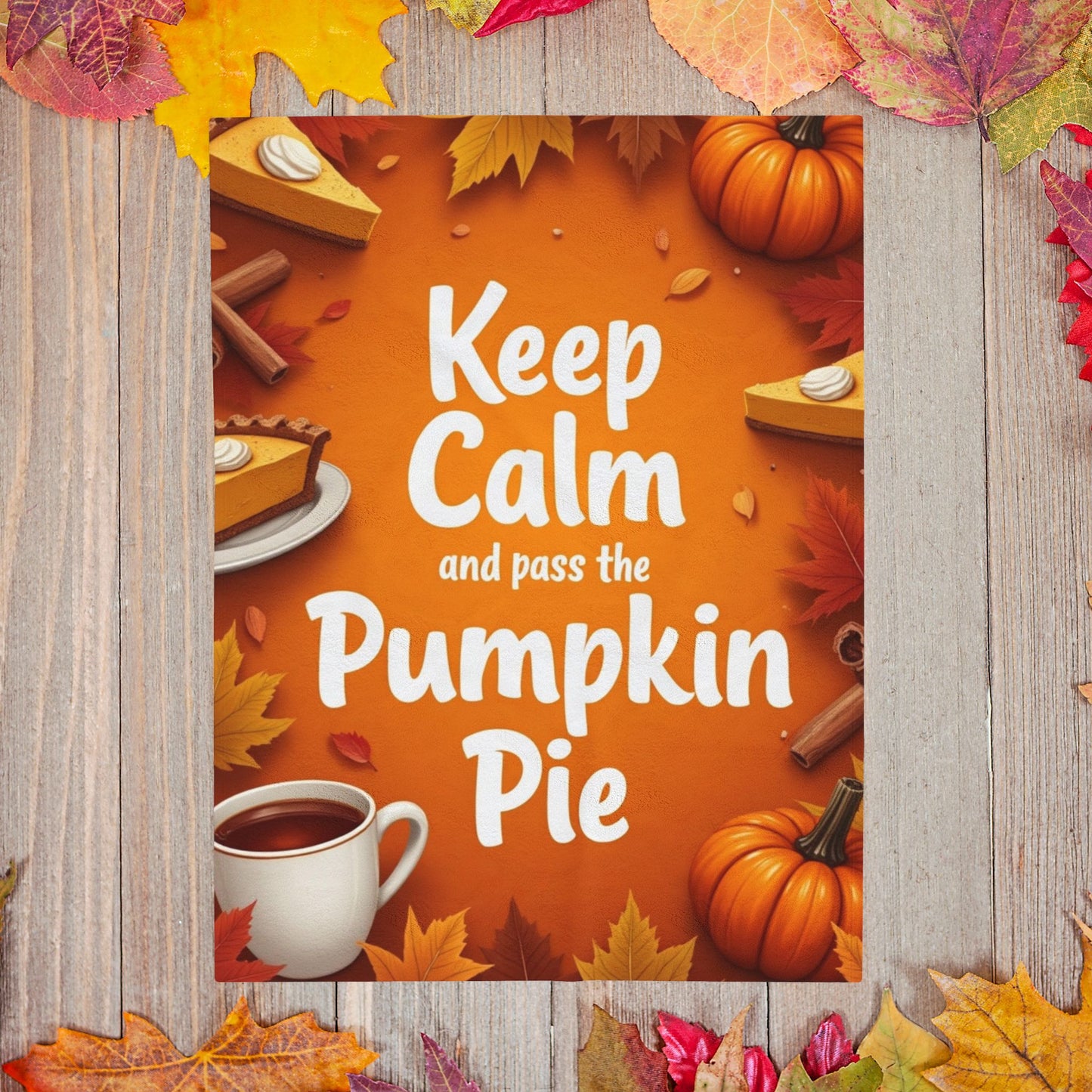 Funny Thanksgiving blanket with “Keep Calm and Pass the Pumpkin Pie,” cheerful fall colors and pie art.