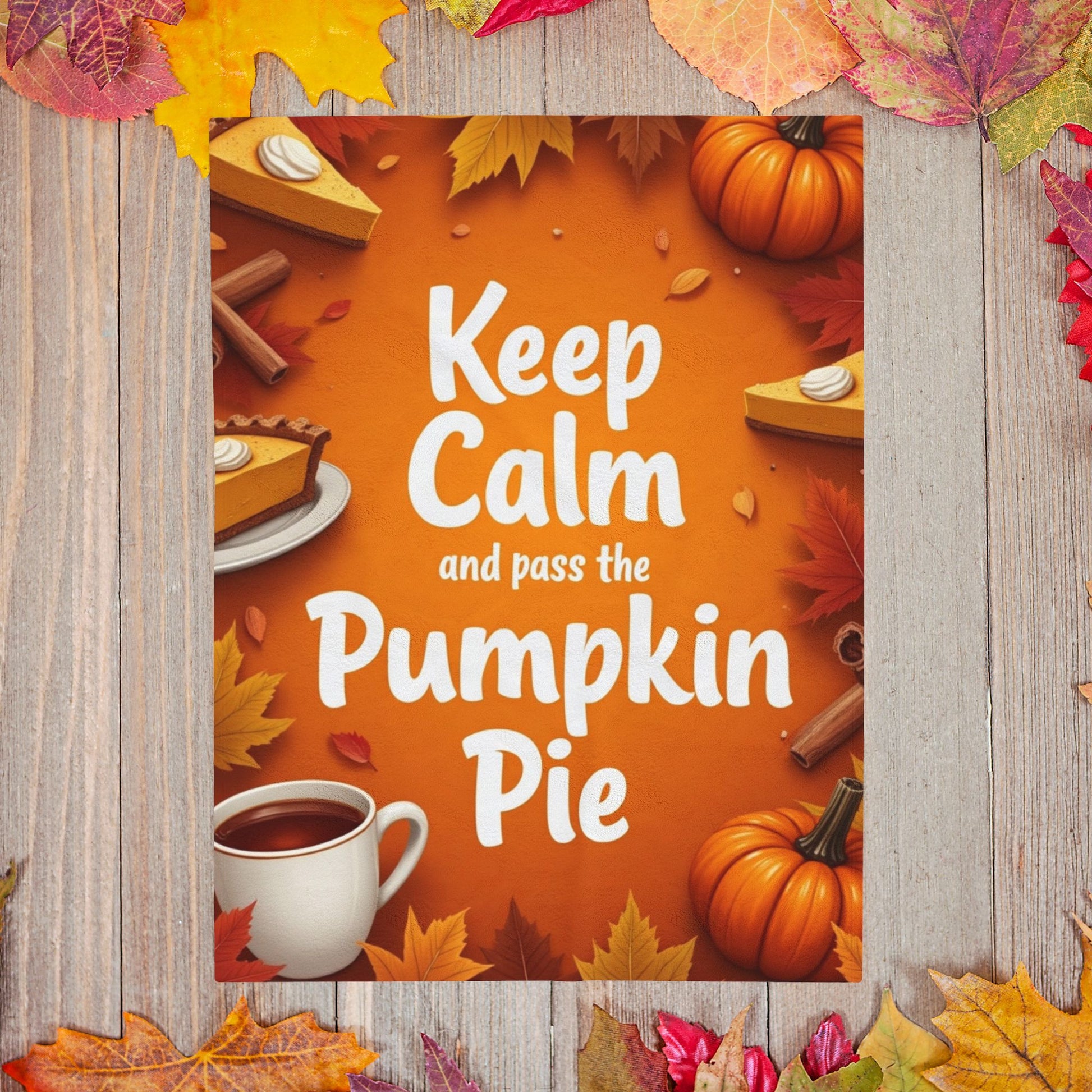 Funny Thanksgiving blanket with “Keep Calm and Pass the Pumpkin Pie,” cheerful fall colors and pie art.