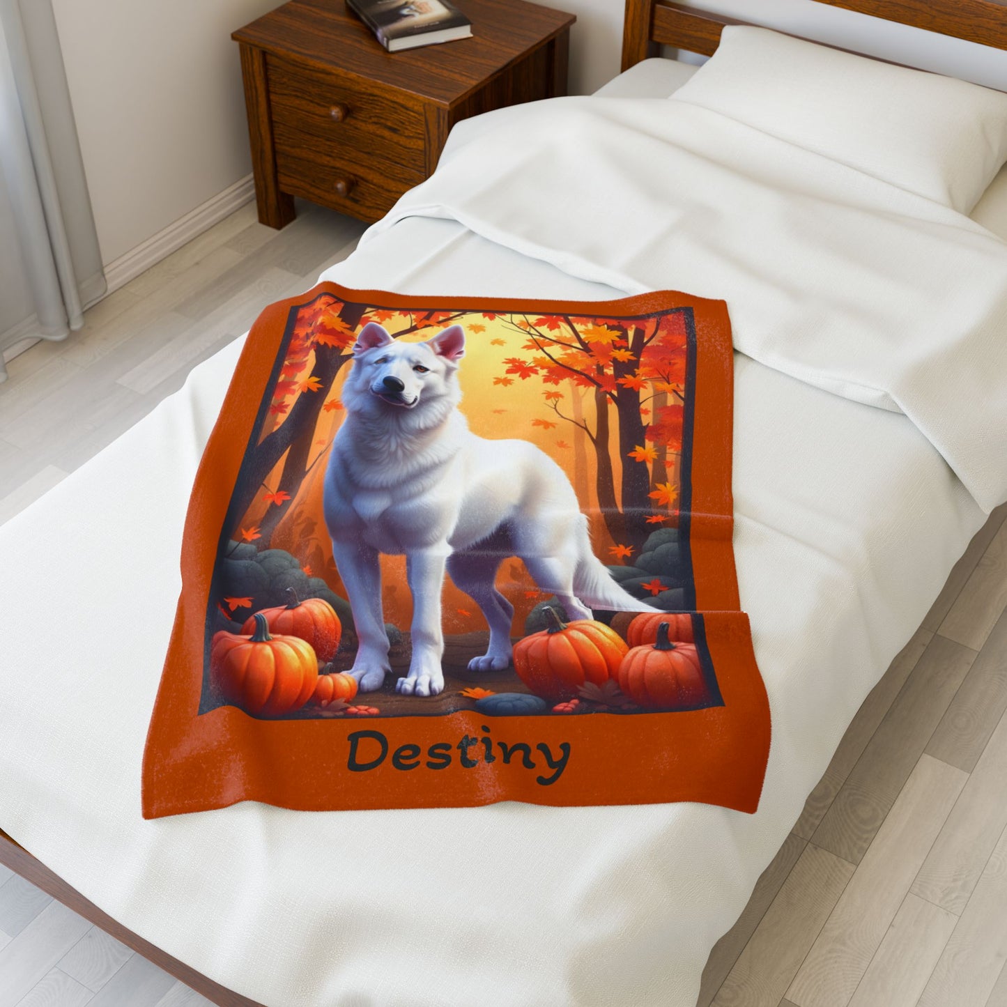 German Shepherd (White) Plush Velveteen Blanket - Custom dog throw, gift for GSD owners