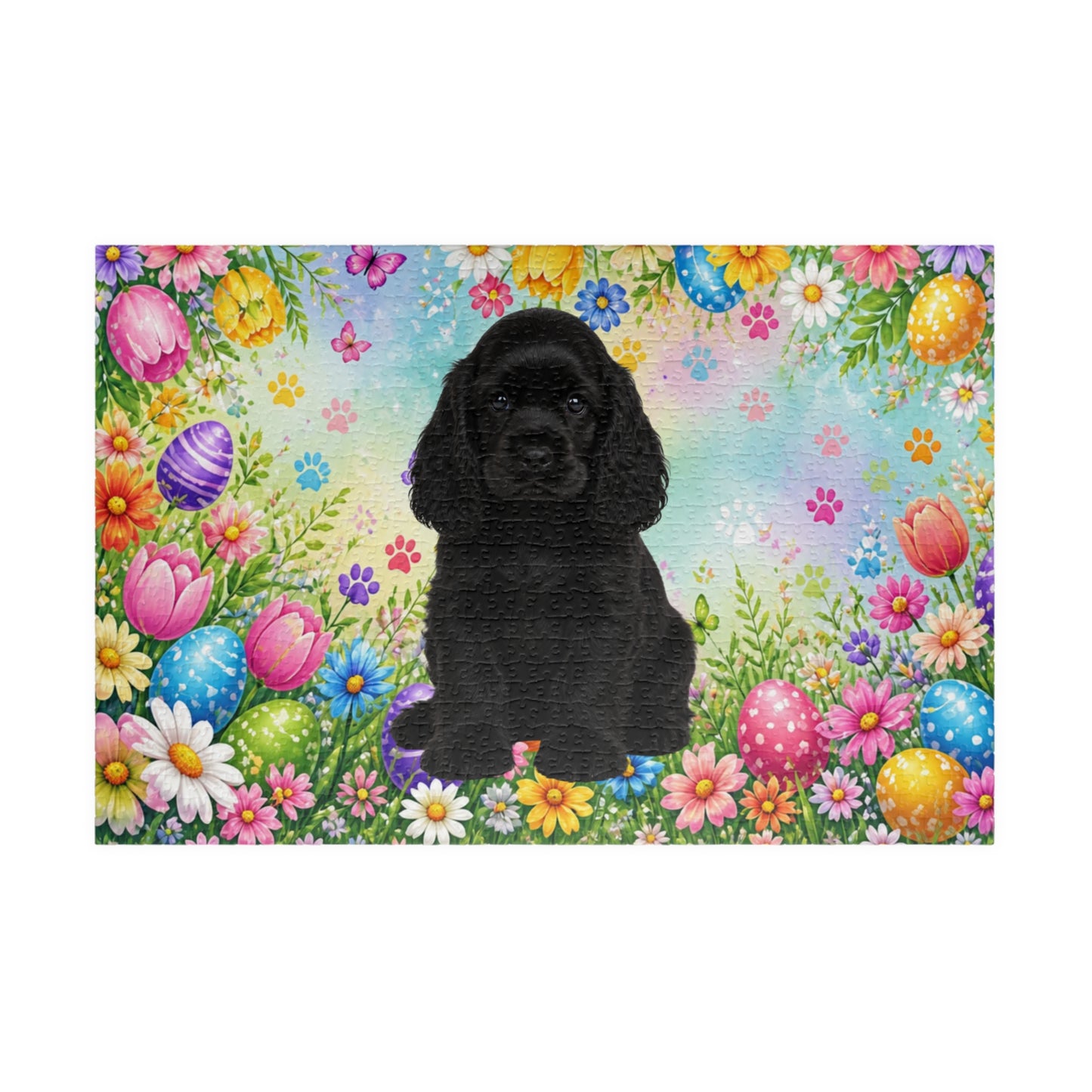 American Cocker Spaniel (Black) Easter Puppy Puzzle - Spring Garden with Eggs, Tulips, and Daisies