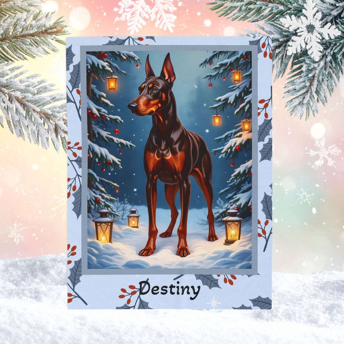 Doberman Red and Rust personalized winter blanket with bold Doberman art and cozy glowing winter lodge details