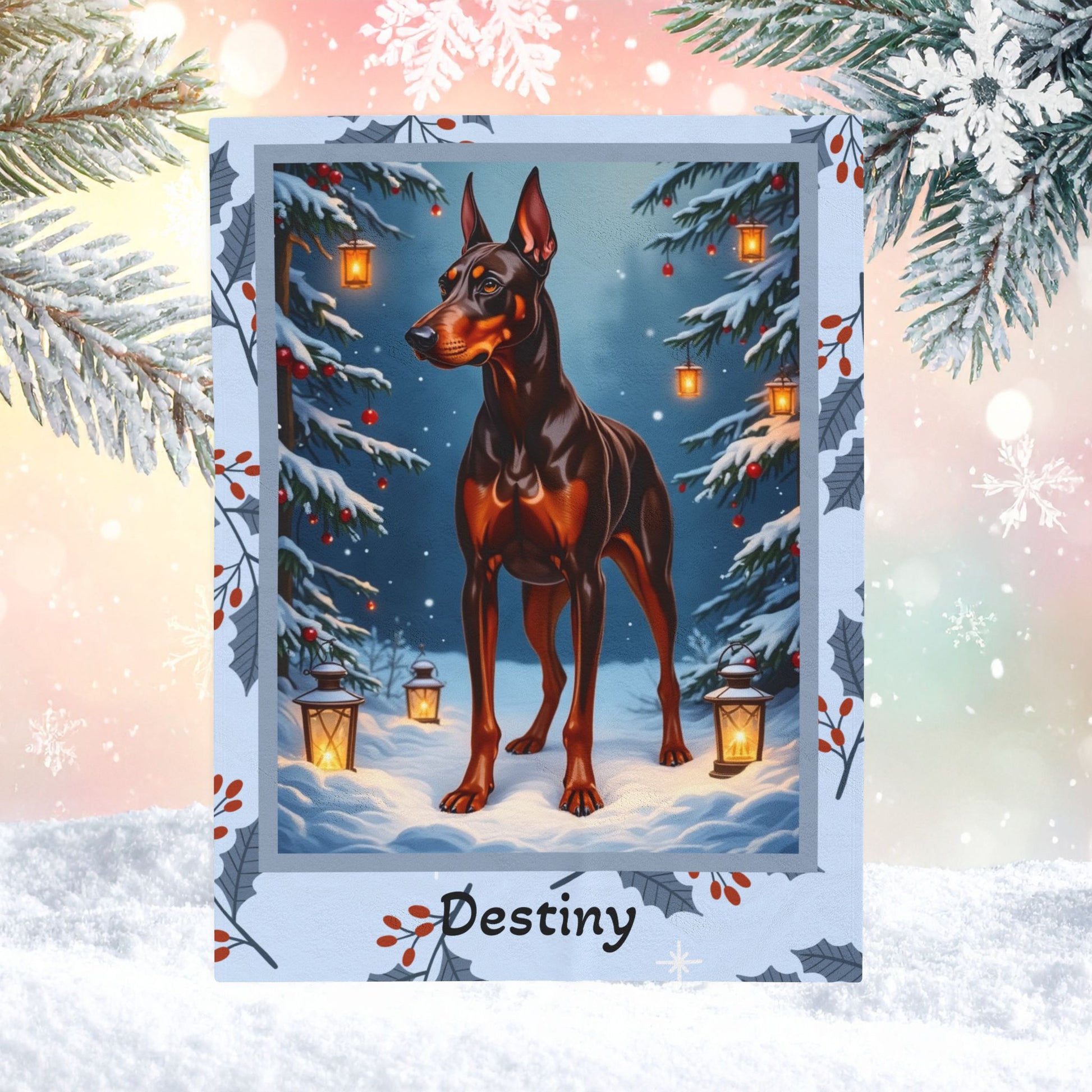 Doberman Red and Rust personalized winter blanket with bold Doberman art and cozy glowing winter lodge details
