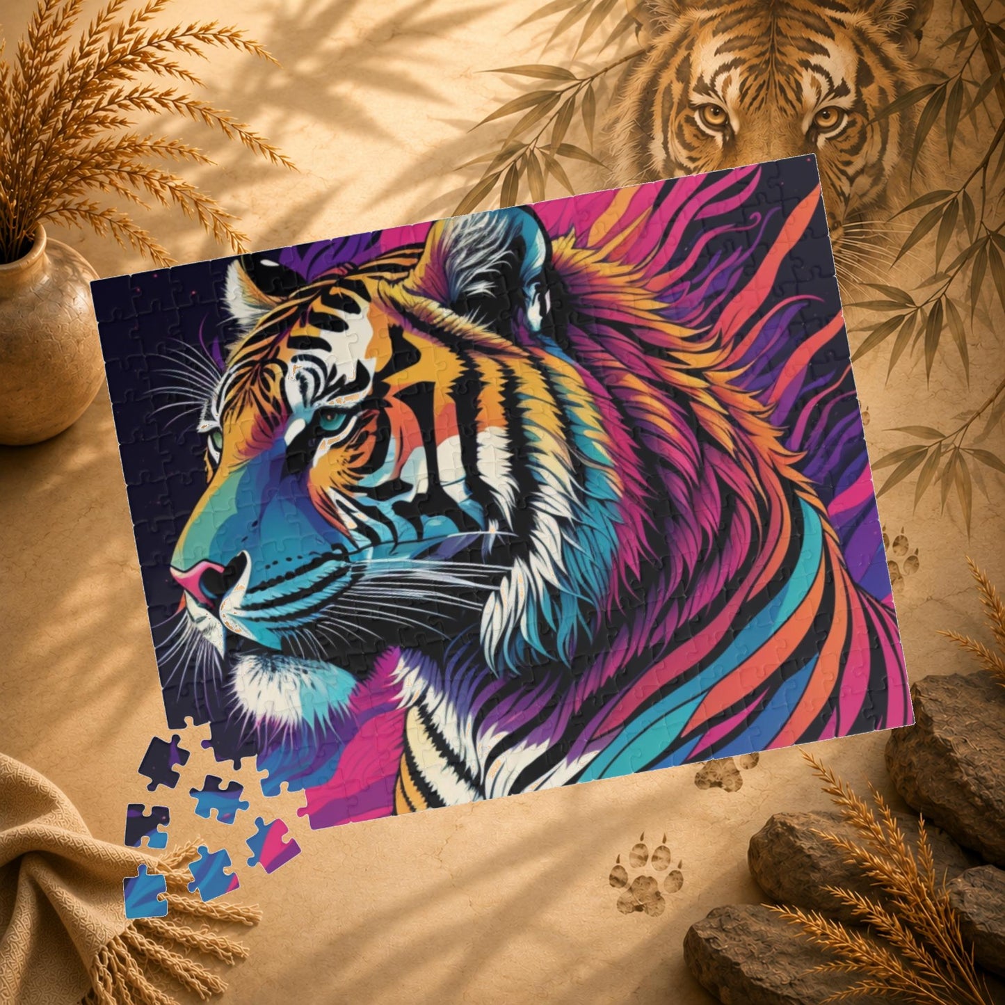 Majestic Mindfulness - Psychedelic Tiger Puzzle with Rainbow Mane and Deep Purple Background
