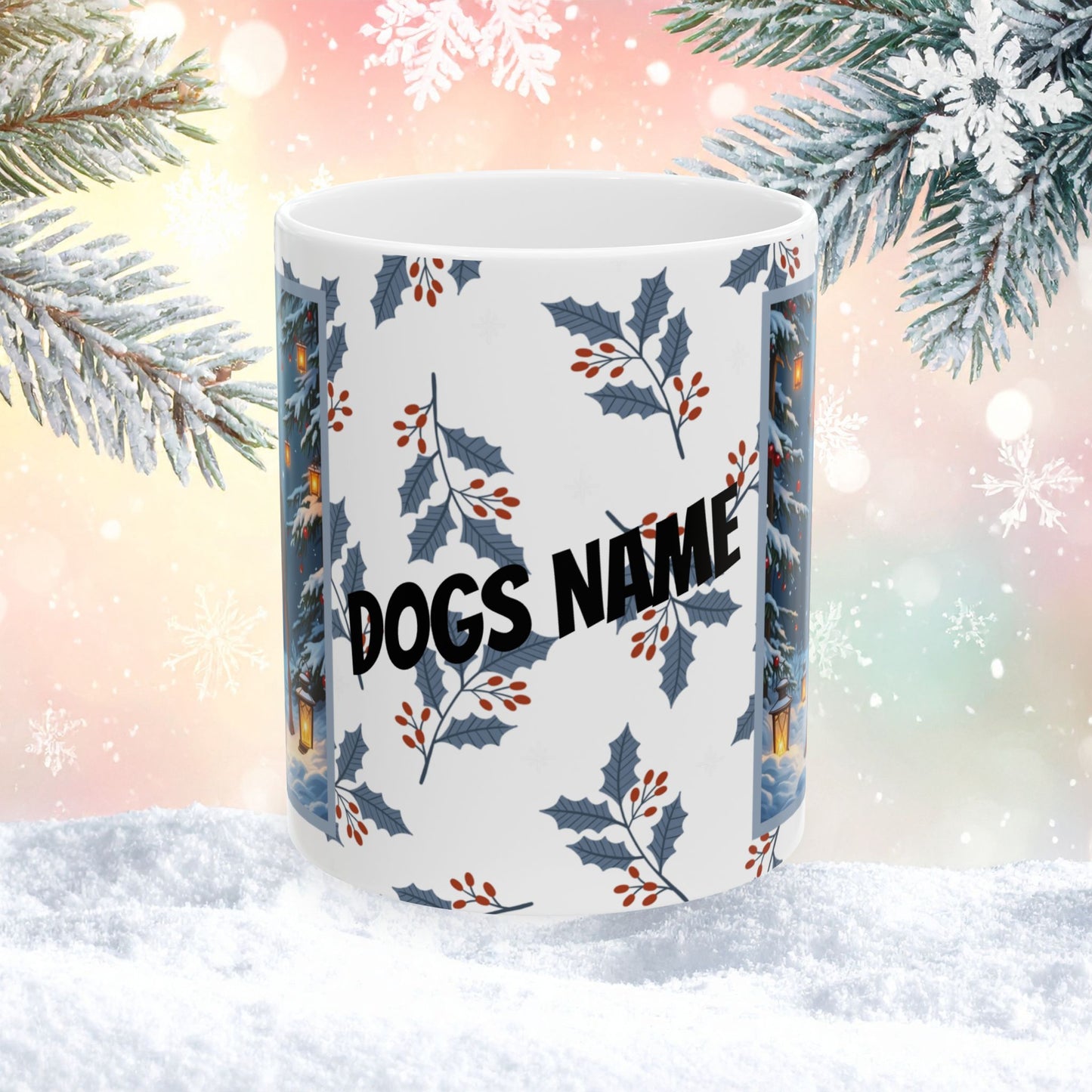 Doberman (Red & Rust) Winter Mug - red and rust Doberman artwork standing in a festive winter setting with soft snow details