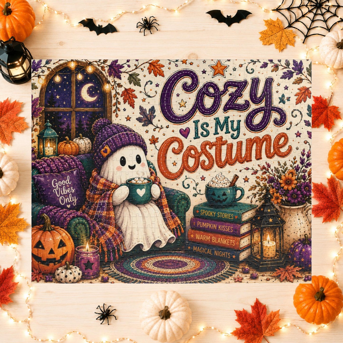 Cozy Is My Costume Halloween Puzzle - Ghost in Beanie with Good Vibes Pillow and Spooky Story Books