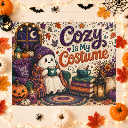 Cozy Is My Costume Halloween Puzzle - Ghost in Beanie with Good Vibes Pillow and Spooky Story Books