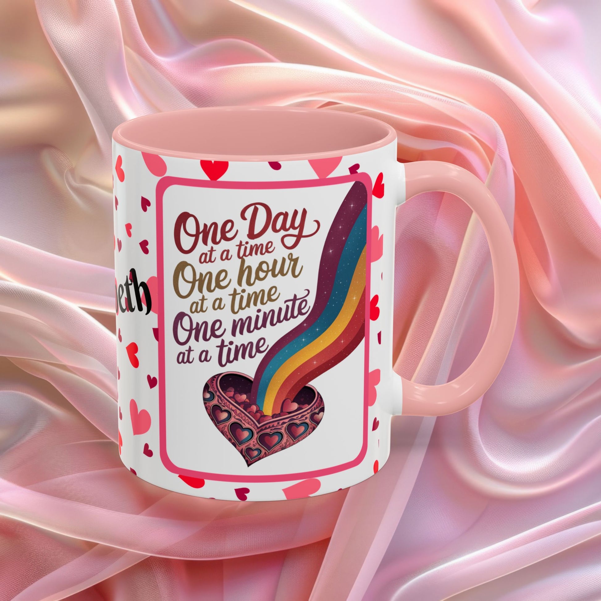 One Day At A Time Valentines mug promoting calm and patience, supportive Valentine coffee cup