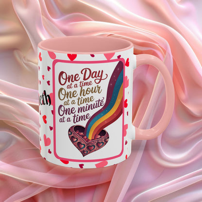 One Day At A Time Valentines mug promoting calm and patience, supportive Valentine coffee cup