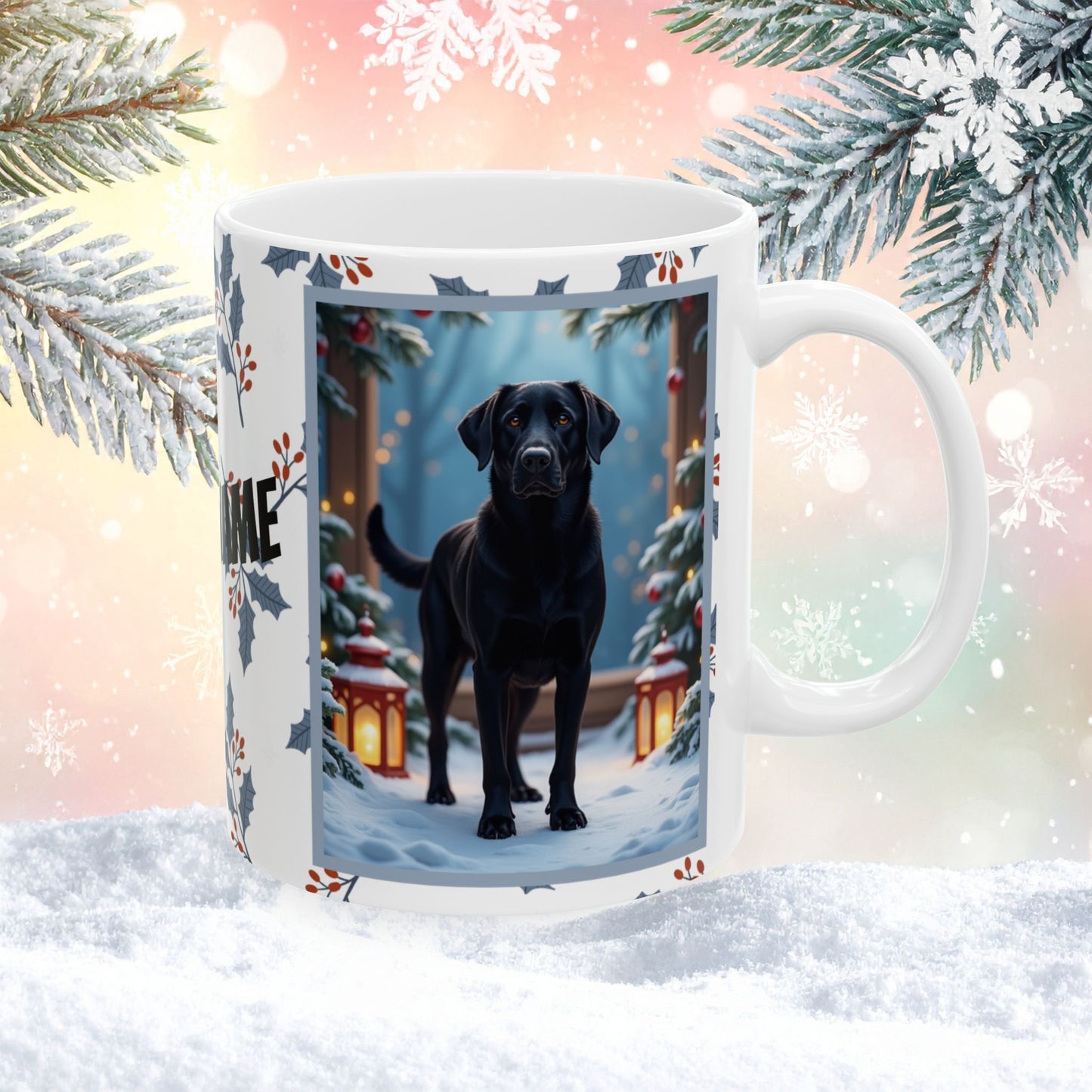 Labrador Retriever (Black) Winter Mug - black labrador retriever illustrated standing in a winter scene with snow-covered ground