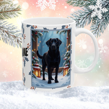 Labrador Retriever (Black) Winter Mug - black labrador retriever illustrated standing in a winter scene with snow-covered ground