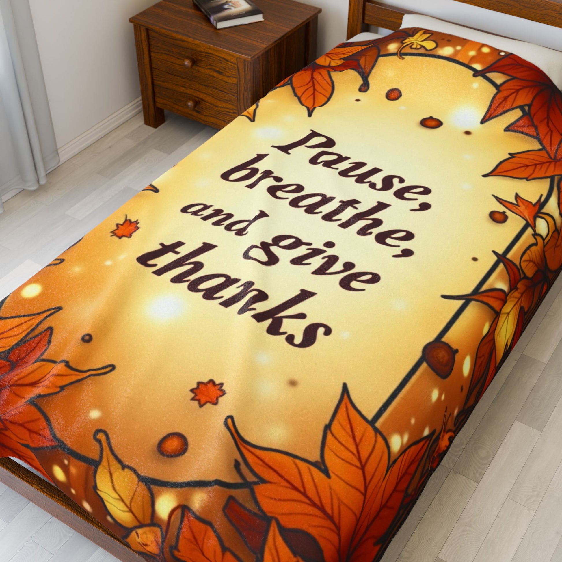 Thanksgiving mindfulness blanket with “Pause, Breathe, and Give Thanks,” cozy calming fall design.