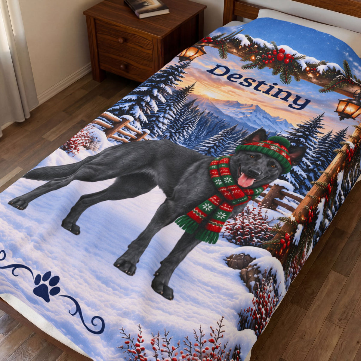 Belgian Malinois (Blue Slate Coat) - Custom Name Woodland Throw, Personalized Winter Dog Dad Blanket