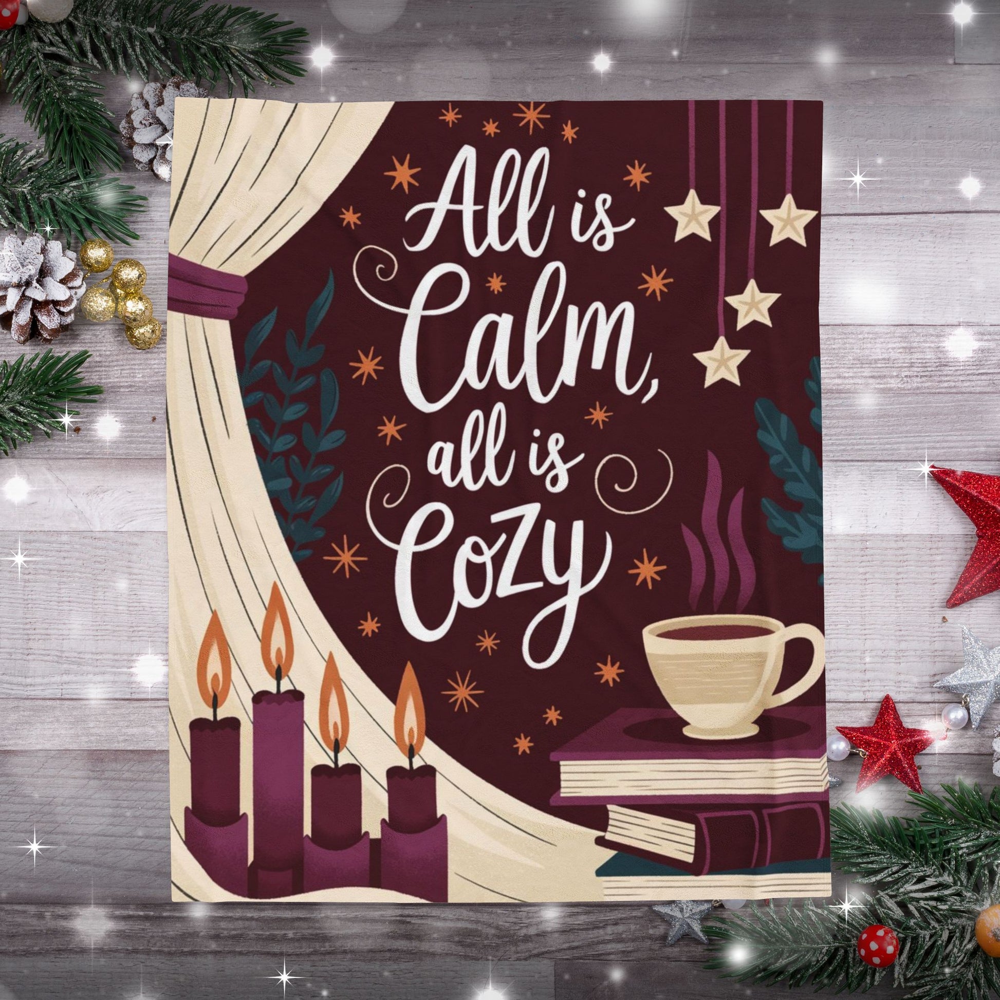 Cozy Christmas blanket “All Is Calm, All Is Cozy” with winter holiday design, soft festive throw for comfort