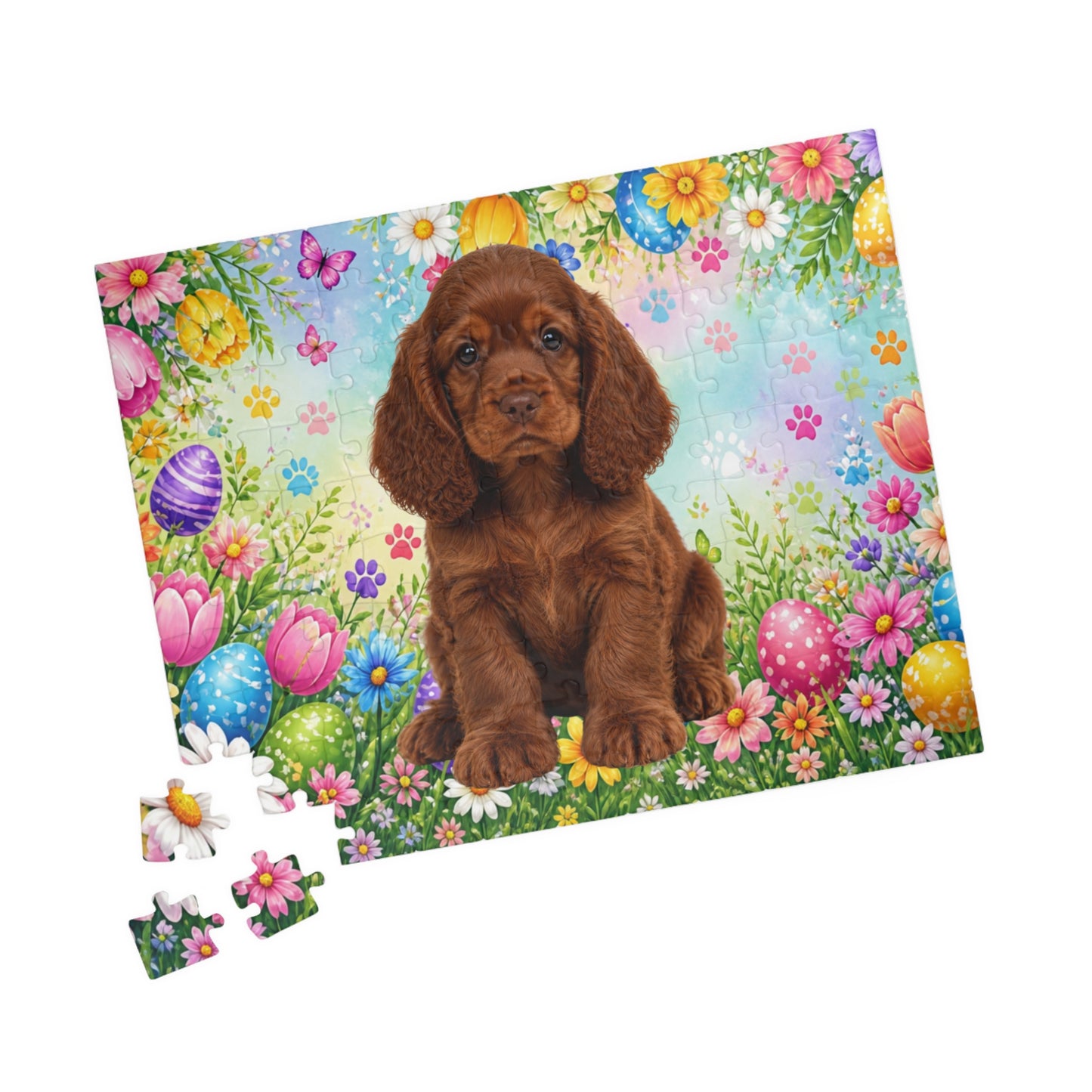 American Cocker Spaniel (Liver) Easter Puppy Puzzle - Spring Garden with Eggs, Tulips, and Daisies