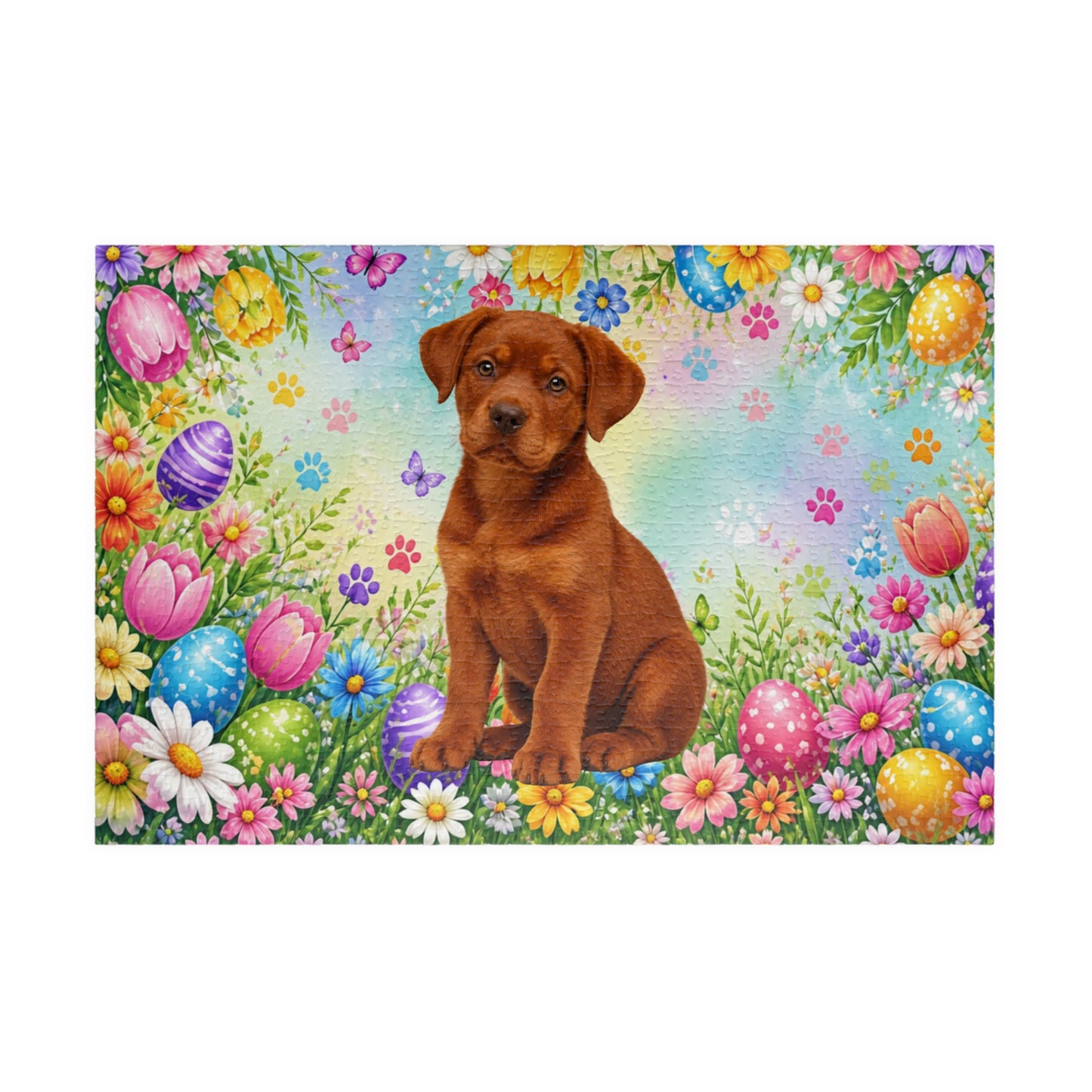 Rottweiler (Red) Easter Puppy Puzzle - Spring Garden with Eggs, Wildflowers, and Butterflies