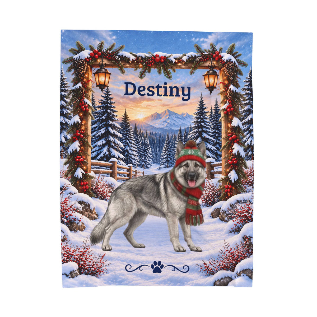 German Shepherd (Silver Sable) - Personalized Snowy Pines Blanket, Custom Name Velveteen Throw - MySisterIsAsurvor