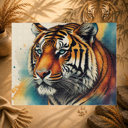 Thrive with the Tiger - Watercolor Tiger Puzzle with Teal Eyes and Warm Amber Washes on White