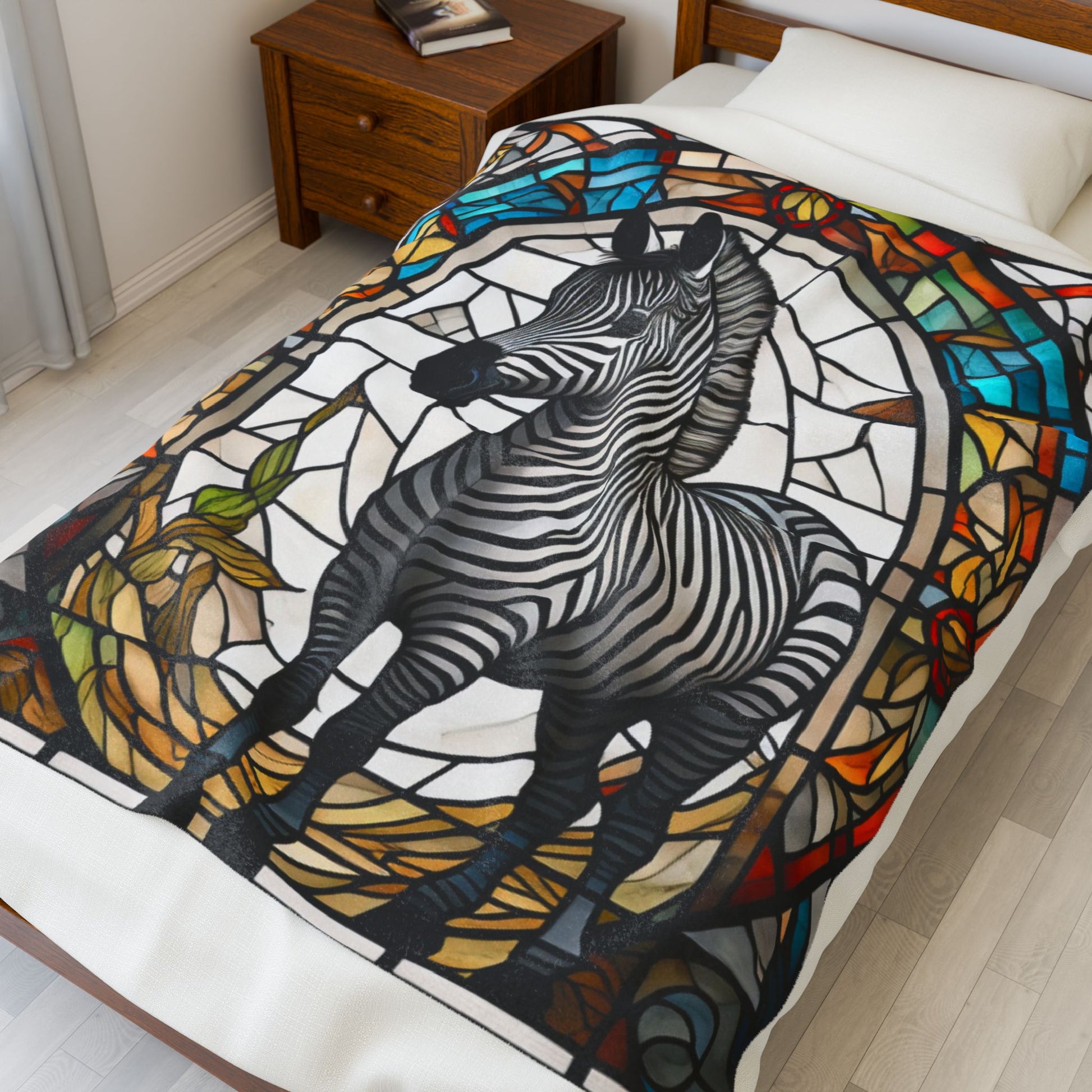A zebra blanket with stained glass-inspired design that blends artistic style and cozy comfort.