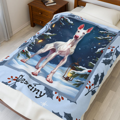 Doberman White personalized winter Doberman blanket with crisp white coat artwork in a cozy winter lodge scene