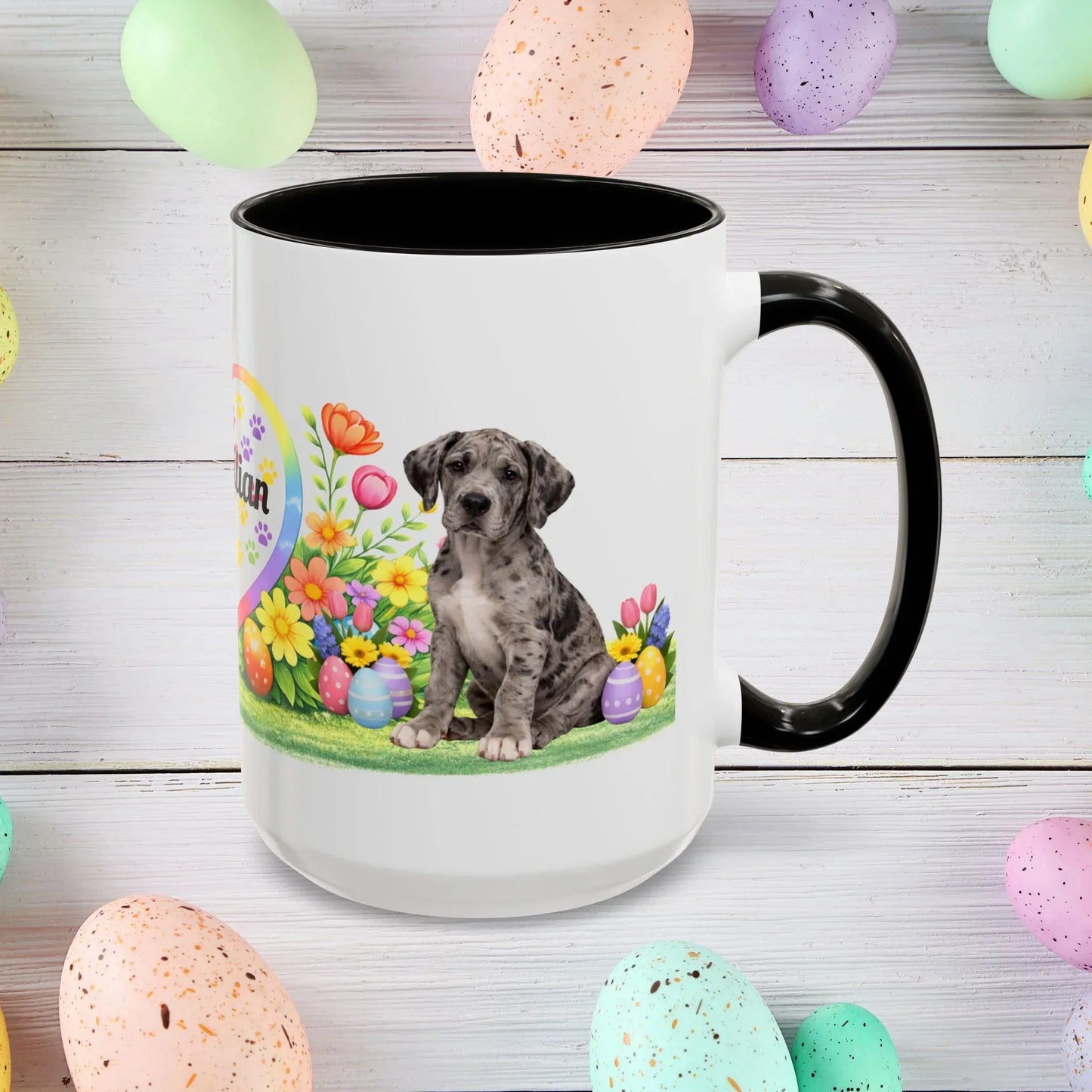 Shop our great dane merle puppy easter mug featuring the 15oz style option from MySisterIsASurvivor.