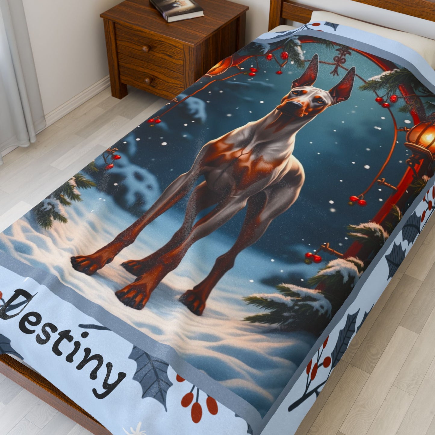 Doberman Fawn and Rust custom winter throw showing a proud Doberman in a cheerful snow-covered lodge setting